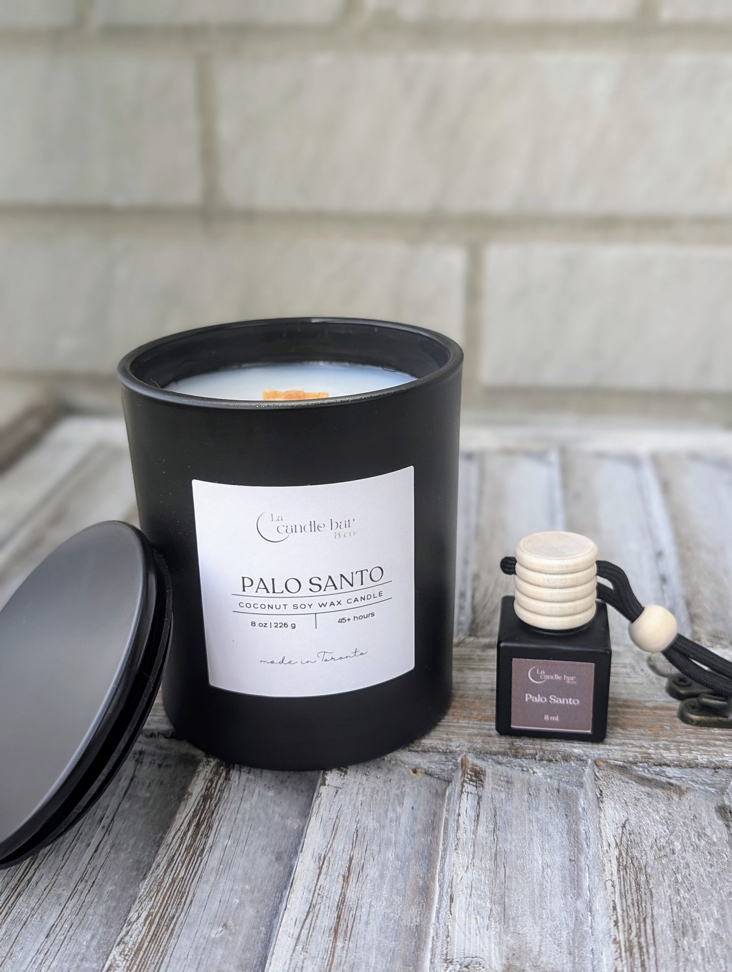 Palo Santo coconut soy wooden wick candle in glass jar — vegan, hand-poured in Toronto