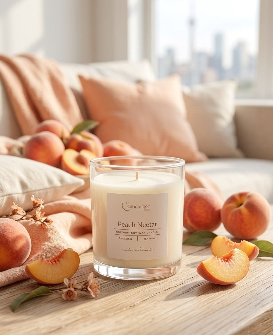 Handpoured Peach Nectar coconut soy candle made in Toronto, Canada.