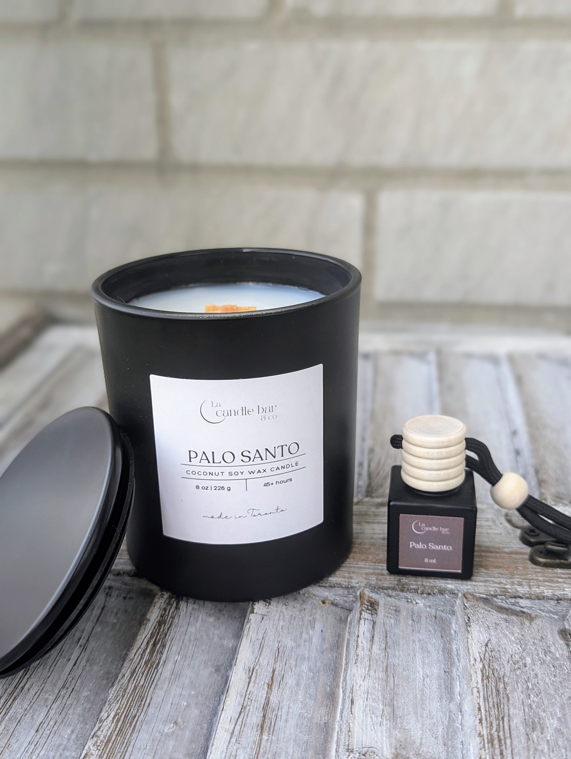 Palo Santo coconut soy wooden wick candle in glass jar — vegan, hand-poured in Toronto