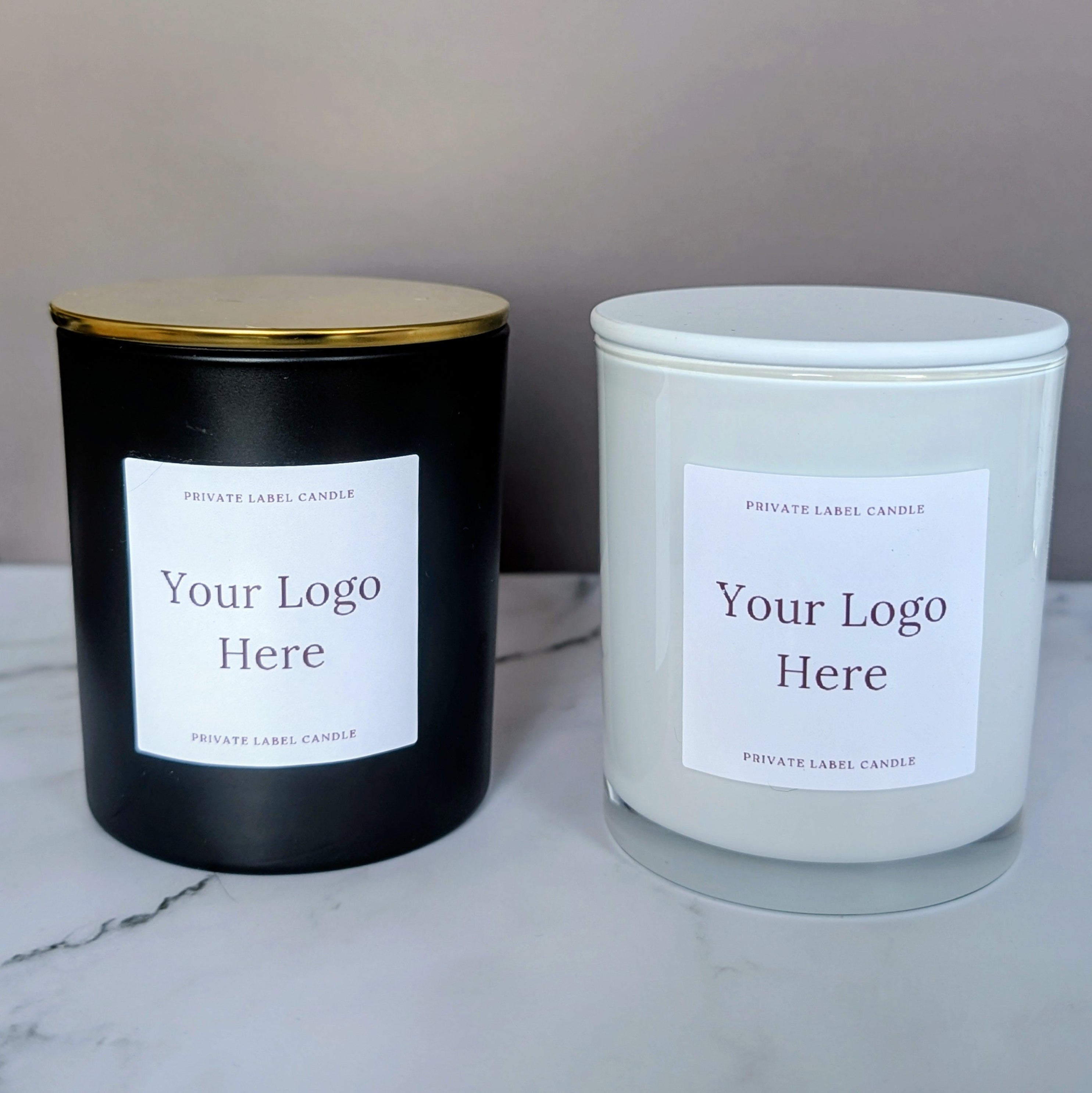 Luxury private label candle with custom branding, hand-poured in coconut soy wax, perfect for corporate gifts, retail collections, and custom collaborations.