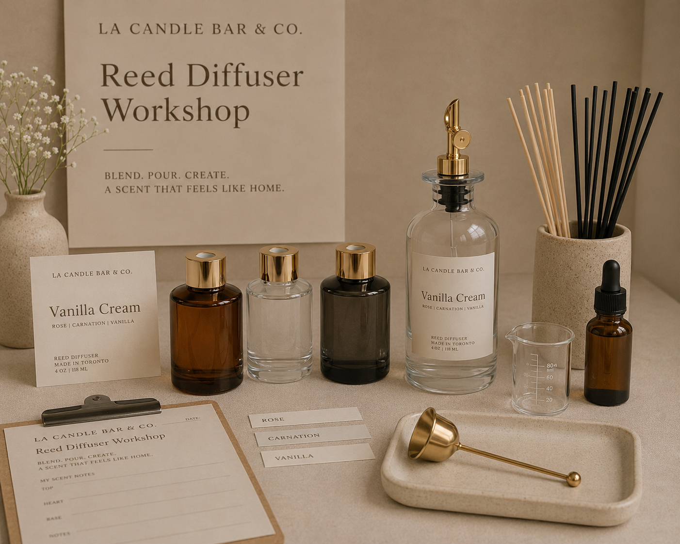 Luxury mobile reed diffuser workshop setup in Toronto by La Candle Bar & Co featuring custom fragrance blending experience