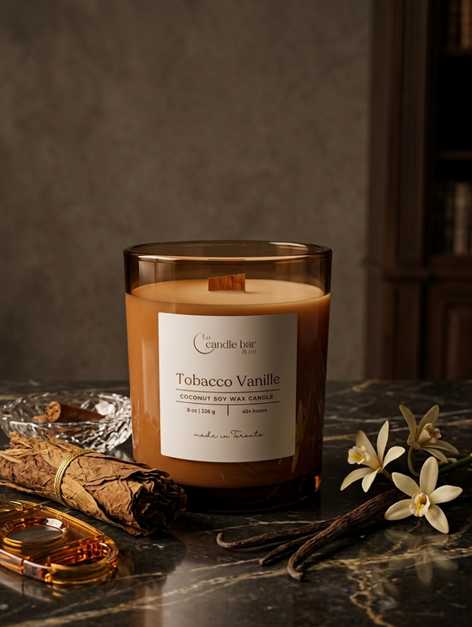 Rich, bold elegant coconut soy wax candle topped with a wooden wick. Inspired by Tom Ford.