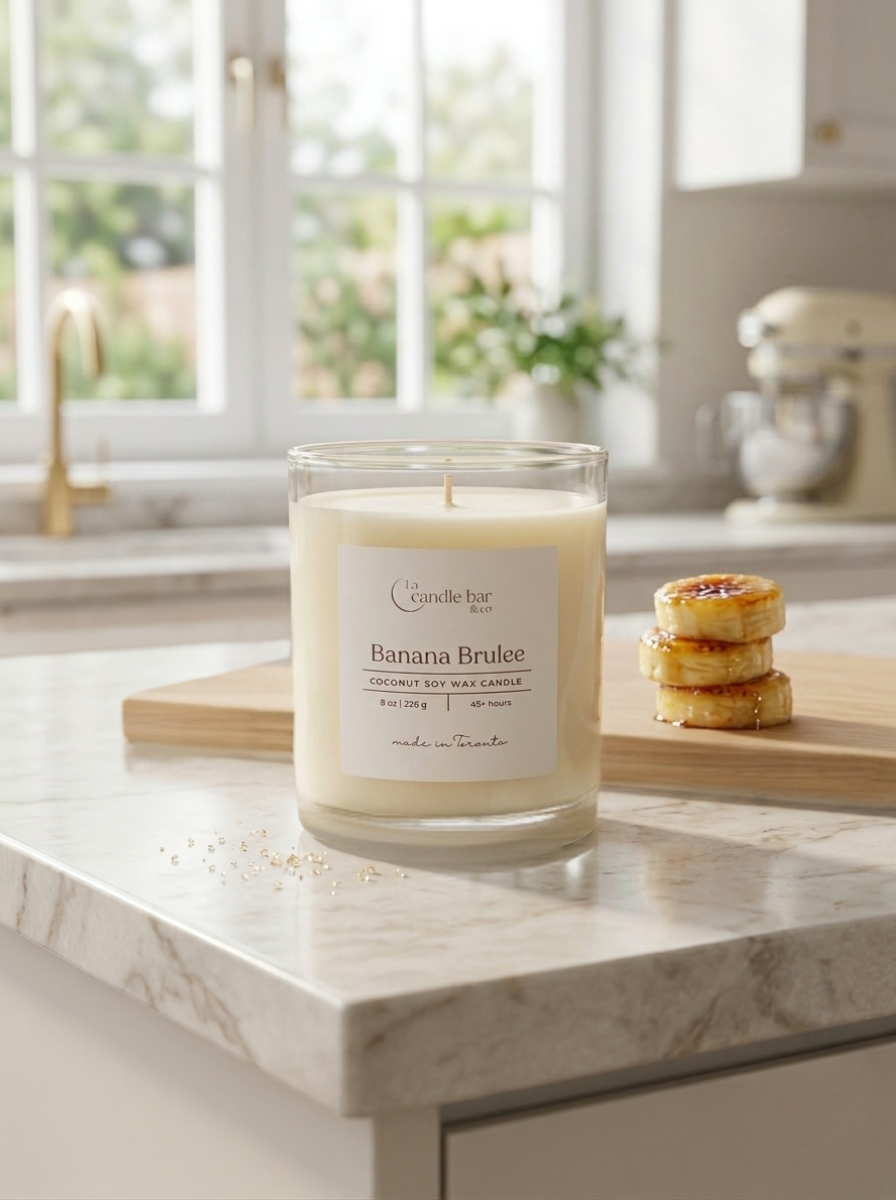 Banana Brulee hand-poured coconut soy wax candle in a clear jar.