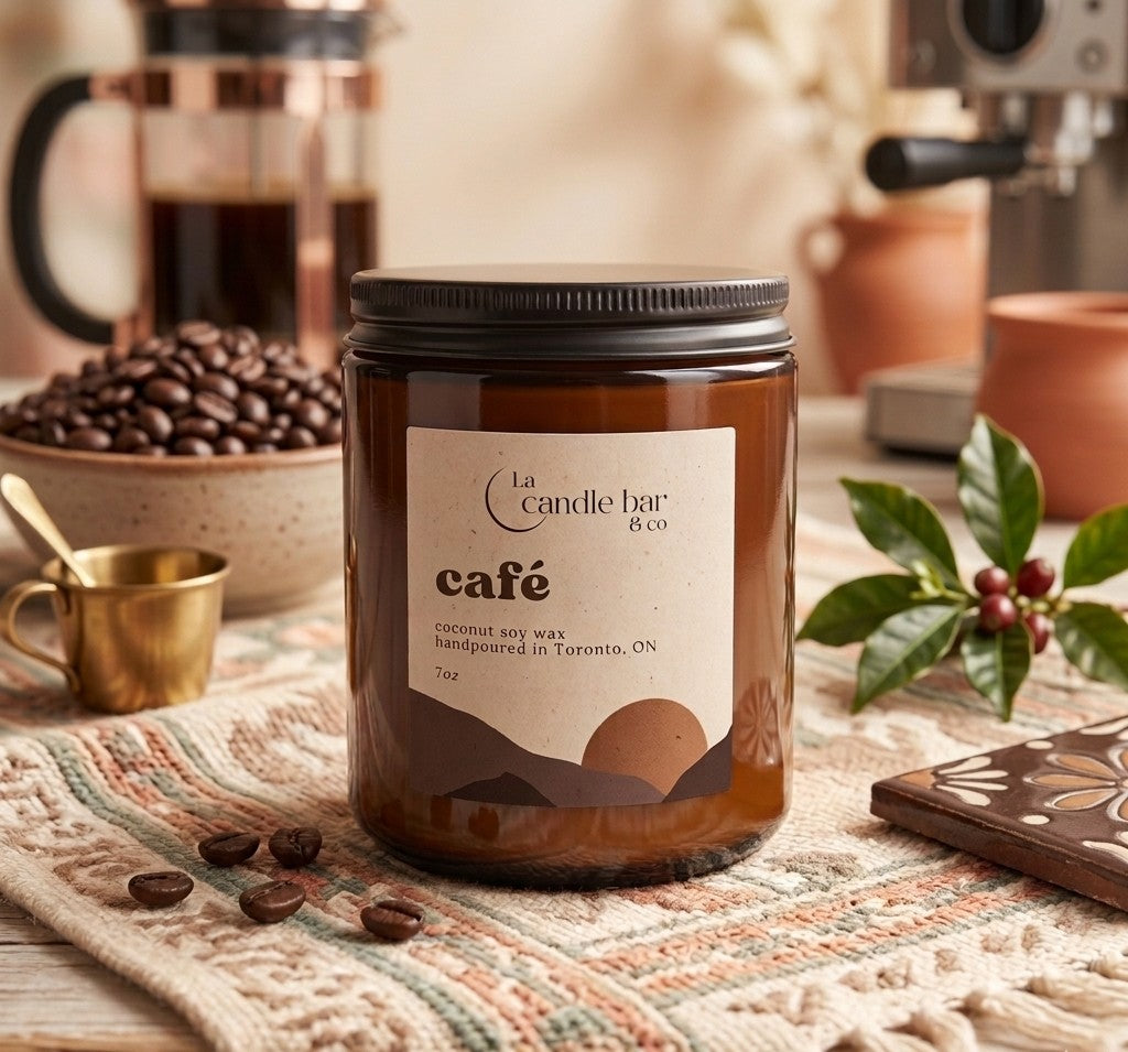 Hand-poured coconut soy wax candle topped with a wooden wick, coffee scent.