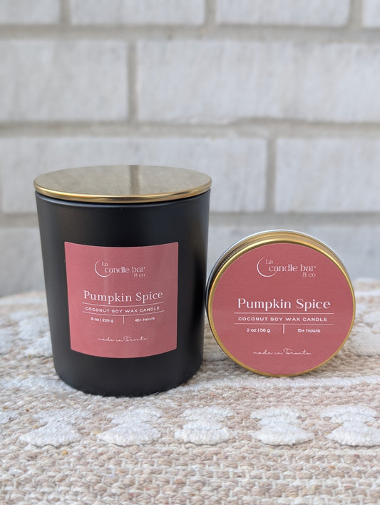 Pumpkin spice coconut soy wooden wick candle in glass jar — vegan, hand-poured in Toronto. 